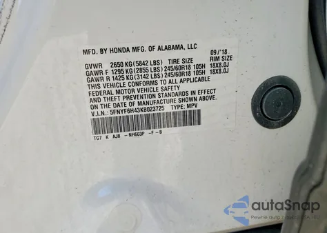 2019 Honda Pilot Exl z USA, uszkodzony, nr VIN 5FNYF6H43KB023725